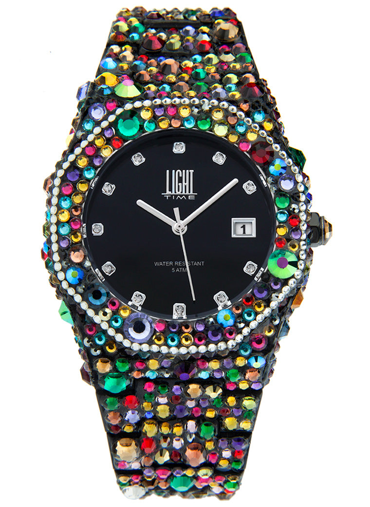 Orologio Light Time Mediterraneo L-508-NE-2 - orologio donna diametro 40mm, 680 cristalli Preciosa, quadrante bianco, bracciale in policarbonato - Frontale