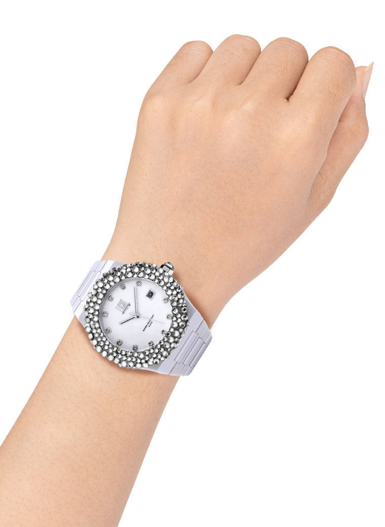 Orologio Light Time Mediterraneo L-509-BI-1 - orologio donna diametro 40mm, ghiera 200 cristalli Preciosa, quadrante bianco, bracciale in policarbonato - Dettaglio