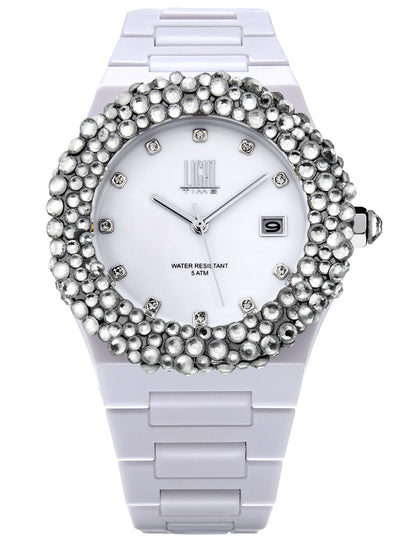 Orologio Light Time Mediterraneo L-509-BI-1 - orologio donna diametro 40mm, ghiera 200 cristalli Preciosa, quadrante bianco, bracciale in policarbonato - Frontale