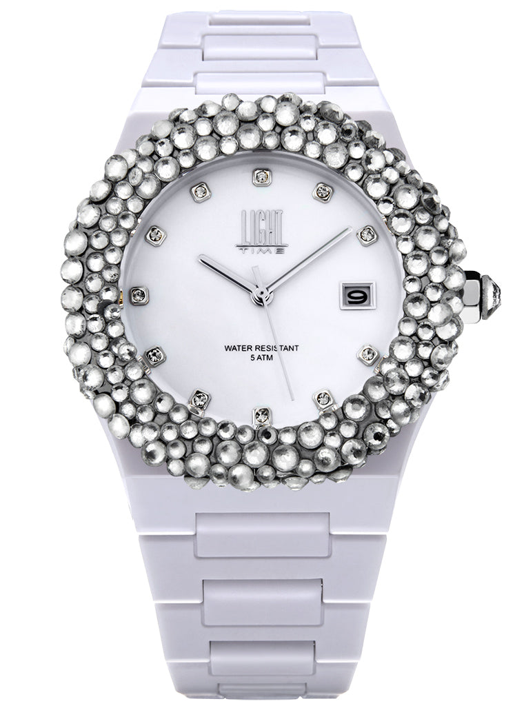 Orologio Light Time Mediterraneo L-509-BI-1 - orologio donna diametro 40mm, ghiera 200 cristalli Preciosa, quadrante bianco, bracciale in policarbonato - Frontale