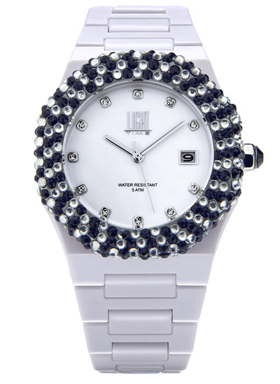 Orologio Light Time Mediterraneo L-509-BI-2 - orologio donna diametro 40mm, ghiera 200 cristalli Preciosa, quadrante bianco, bracciale in policarbonato - Frontale