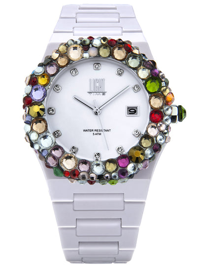 Orologio Light Time Mediterraneo L-509-BI-3 - orologio donna diametro 40mm, ghiera 200 cristalli Preciosa, quadrante bianco, bracciale in policarbonato - Frontale