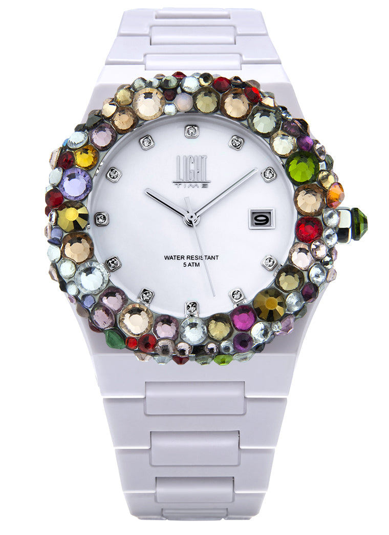 Orologio Light Time Mediterraneo L-509-BI-3 - orologio donna diametro 40mm, ghiera 200 cristalli Preciosa, quadrante bianco, bracciale in policarbonato - Frontale
