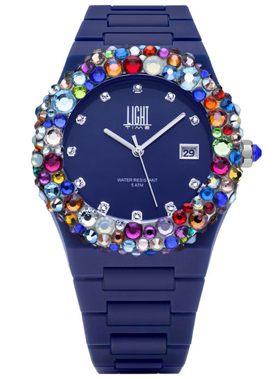 Orologio Light Time Mediterraneo L-509-BL-4 - orologio donna diametro 40mm, ghiera 200 cristalli Preciosa, quadrante blu, bracciale in policarbonato - Frontale