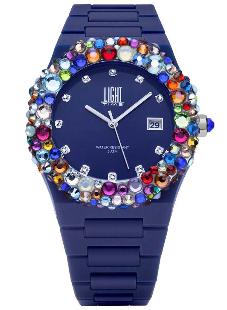 Orologio Light Time Mediterraneo L-509-BL-4 - orologio donna diametro 40mm, ghiera 200 cristalli Preciosa, quadrante blu, bracciale in policarbonato - Frontale