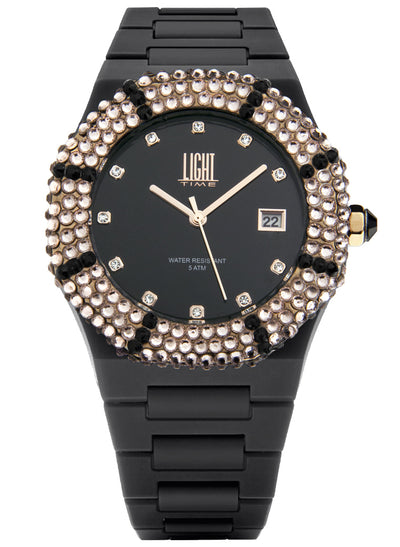Orologio Light Time Mediterraneo L-509-NE-1 - orologio donna diametro 40mm, ghiera 200 cristalli Preciosa, quadrante nero, bracciale in policarbonato - Frontale