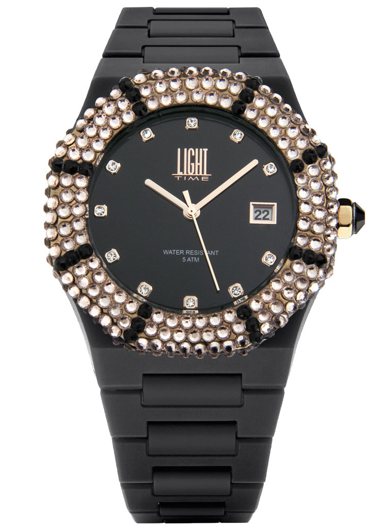 Orologio Light Time Mediterraneo L-509-NE-1 - orologio donna diametro 40mm, ghiera 200 cristalli Preciosa, quadrante nero, bracciale in policarbonato - Frontale