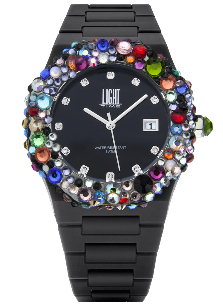 Orologio Light Time Mediterraneo L-509-NE-3 - orologio donna diametro 40mm, ghiera 200 cristalli Preciosa, quadrante nero, bracciale in policarbonato - Frontale