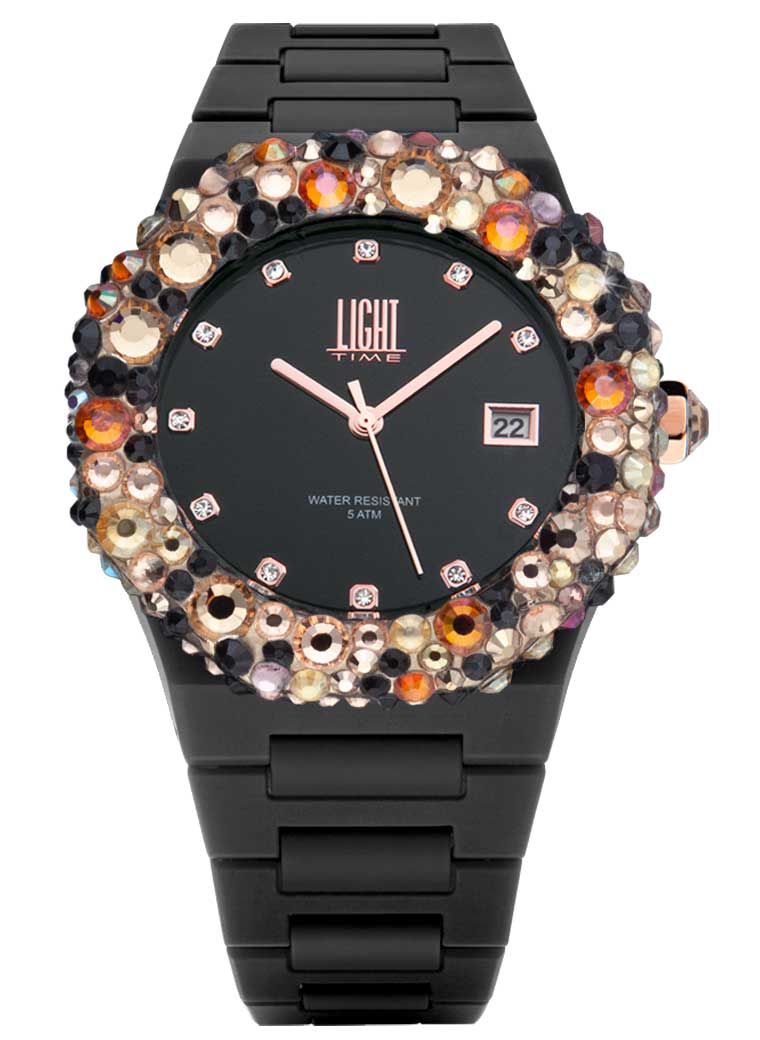 Orologio Light Time Mediterraneo L-509-NE-4 - orologio donna diametro 40mm, ghiera 200 cristalli Preciosa, quadrante nero, bracciale in policarbonato - Frontale