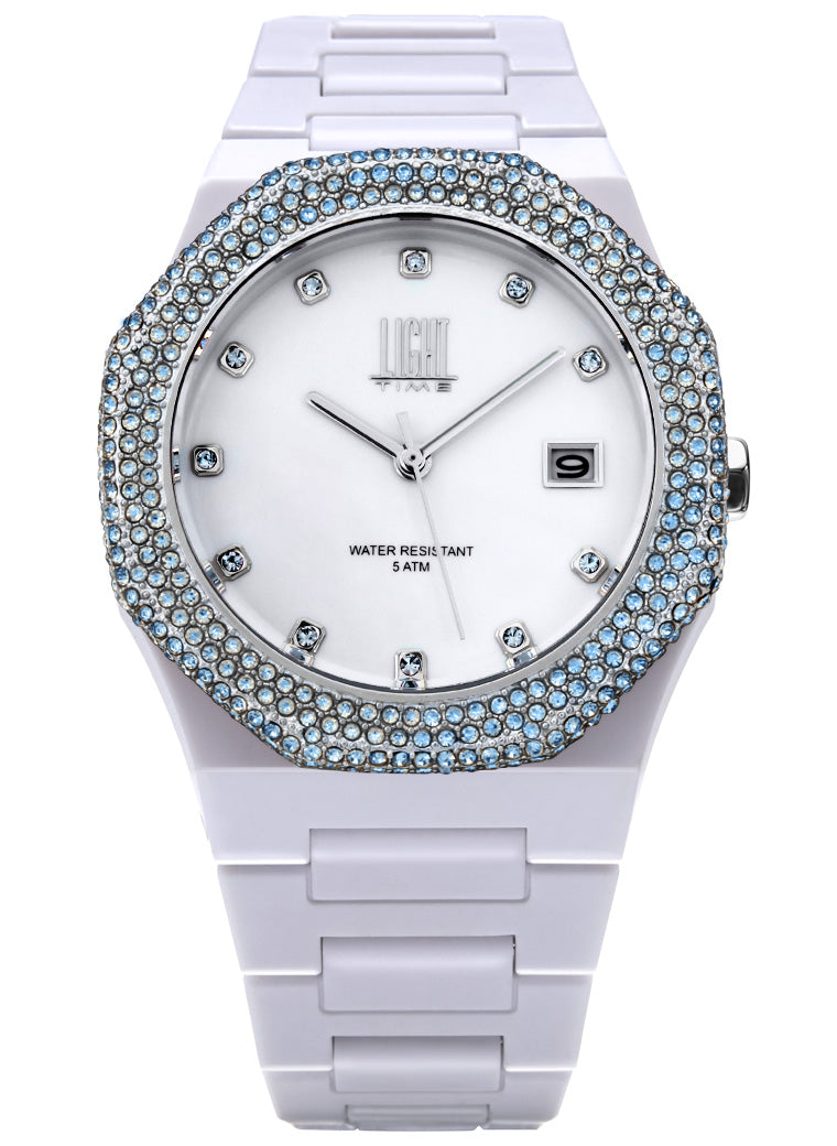Orologio Light Time Mediterraneo Night L507A-AZ - orologio donna cassa policarbonato, ghiera acciaio con strass, quadrante bianco, diametro 40mm, bracciale policarbonato - Frontale