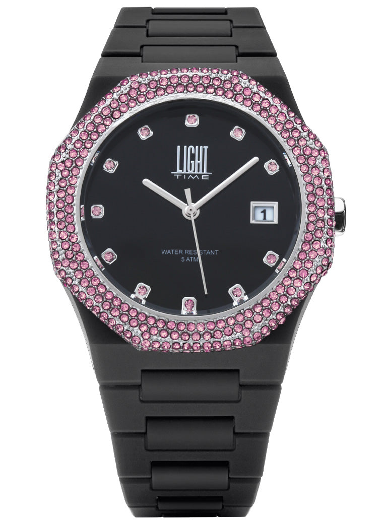 Orologio Light Time Mediterraneo Night L507B-RO - orologio donna cassa policarbonato, ghiera acciaio con strass, quadrante nero, diametro 40mm, bracciale policarbonato - Frontale