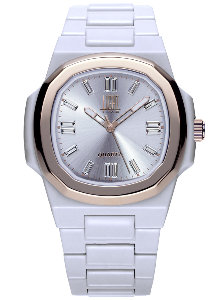 Orologio Light Time New Velvet Cristal L515R-BI-BI - Quarzo Miyota, cassa policarbonato bianco, ghiera acciaio rosè, quadrante silver con cristalli, 38x42mm - Frontale