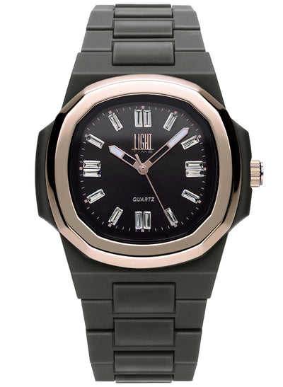 Orologio Light Time New Velvet Cristal L515R-NE-NE - Quarzo Miyota, cassa policarbonato nero, ghiera acciaio rosè, quadrante nero con cristalli, 38x42mm - Frontale
