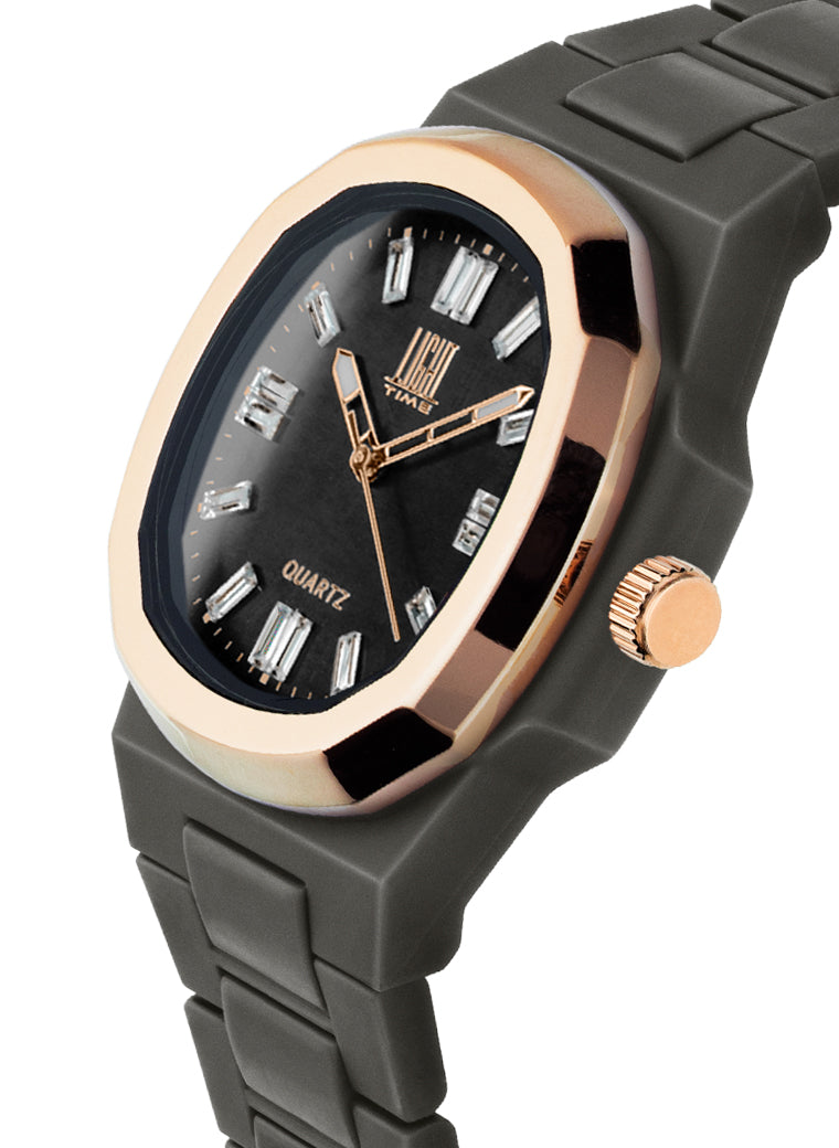Orologio Light Time New Velvet Cristal L515R-NE-NE - Quarzo Miyota, cassa policarbonato nero, ghiera acciaio rosè, quadrante nero con cristalli, 38x42mm - Laterale