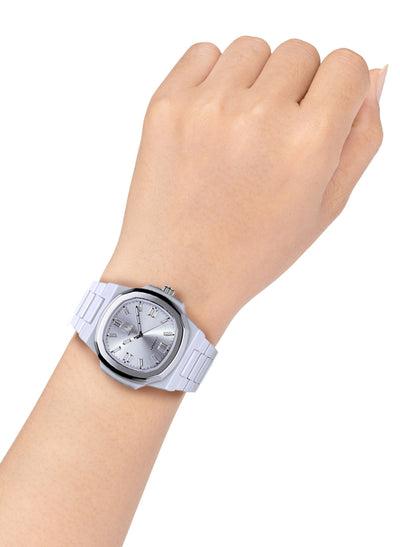 Orologio Light Time New Velvet Cristal L515S-BI-BI - Quarzo Miyota, cassa policarbonato bianco, ghiera acciaio, quadrante silver con cristalli, 38x42mm - Dettaglio