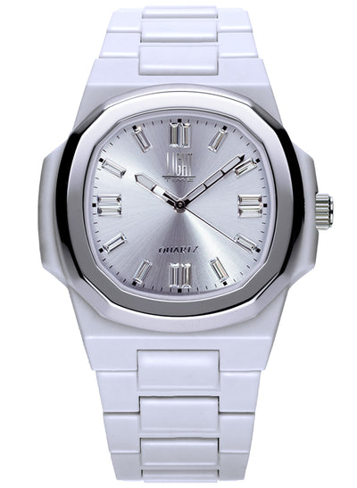 Orologio Light Time New Velvet Cristal L515S-BI-BI - Quarzo Miyota, cassa policarbonato bianco, ghiera acciaio, quadrante silver con cristalli, 38x42mm - Frontale