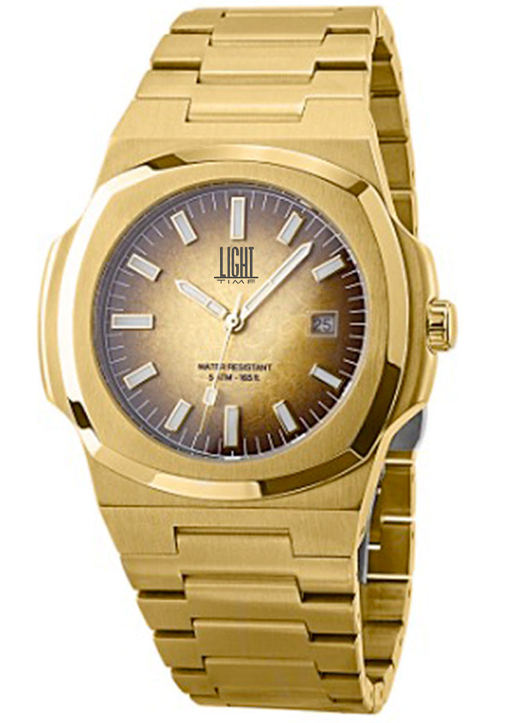 Orologio Light Time Prince L530G-MA - Quarzo Miyota, cassa acciaio PVD oro, quadrante marrone fumé, 49x43mm - Frontale