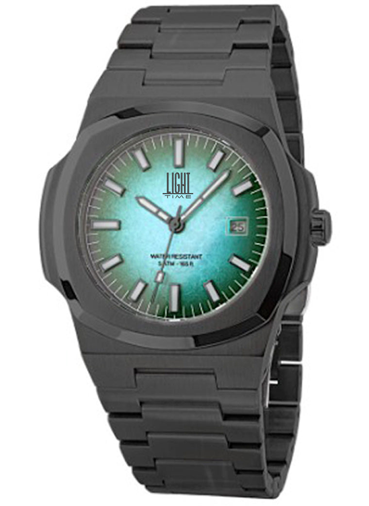 Orologio Light Time Prince L530N-VE - Quarzo Miyota, cassa acciaio PVD nero, quadrante verde fumé, 49x43mm - Frontale