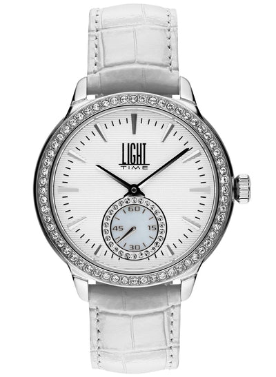 Orologio Light Time Saint Tropez L188A-MBI - Donna, quarzo, cassa acciaio con strass, cinturino pelle bianco, quadrante silver madreperla e strass, 38mm - Frontale