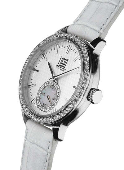 Orologio Light Time Saint Tropez L188A-MBI - Donna, quarzo, cassa acciaio con strass, cinturino pelle bianco, quadrante silver madreperla e strass, 38mm - Laterale