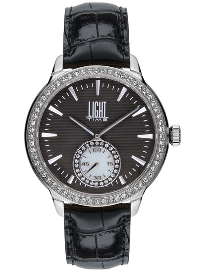 Orologio Light Time Saint Tropez L188B-MNE - Donna, quarzo, cassa acciaio con strass, cinturino pelle nero, quadrante nero madreperla e strass, 38mm - Frontale