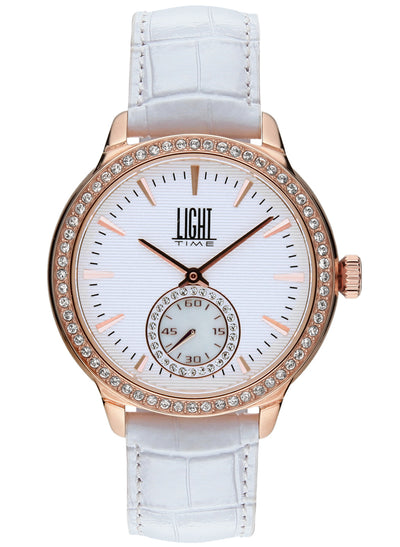 Orologio Light Time Saint Tropez L188C-RBI - Donna, quarzo, cassa acciaio rosè con strass, cinturino pelle bianco, quadrante silver madreperla e strass, 38mm - Frontale