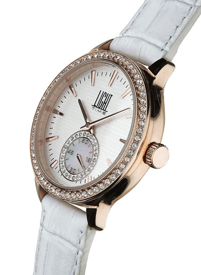 Orologio Light Time Saint Tropez L188C-RBI - Donna, quarzo, cassa acciaio rosè con strass, cinturino pelle bianco, quadrante silver madreperla e strass, 38mm - Laterale