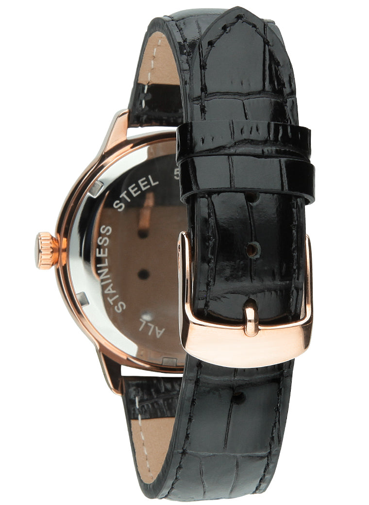 Orologio Light Time Saint Tropez L188D-RNE - Donna, quarzo, cassa acciaio rosè con strass, cinturino pelle nero, quadrante nero madreperla e strass, 38mm - Dettaglio