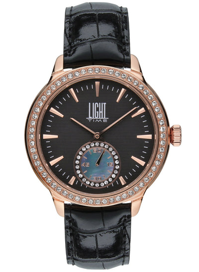 Orologio Light Time Saint Tropez L188D-RNE - Donna, quarzo, cassa acciaio rosè con strass, cinturino pelle nero, quadrante nero madreperla e strass, 38mm - Frontale