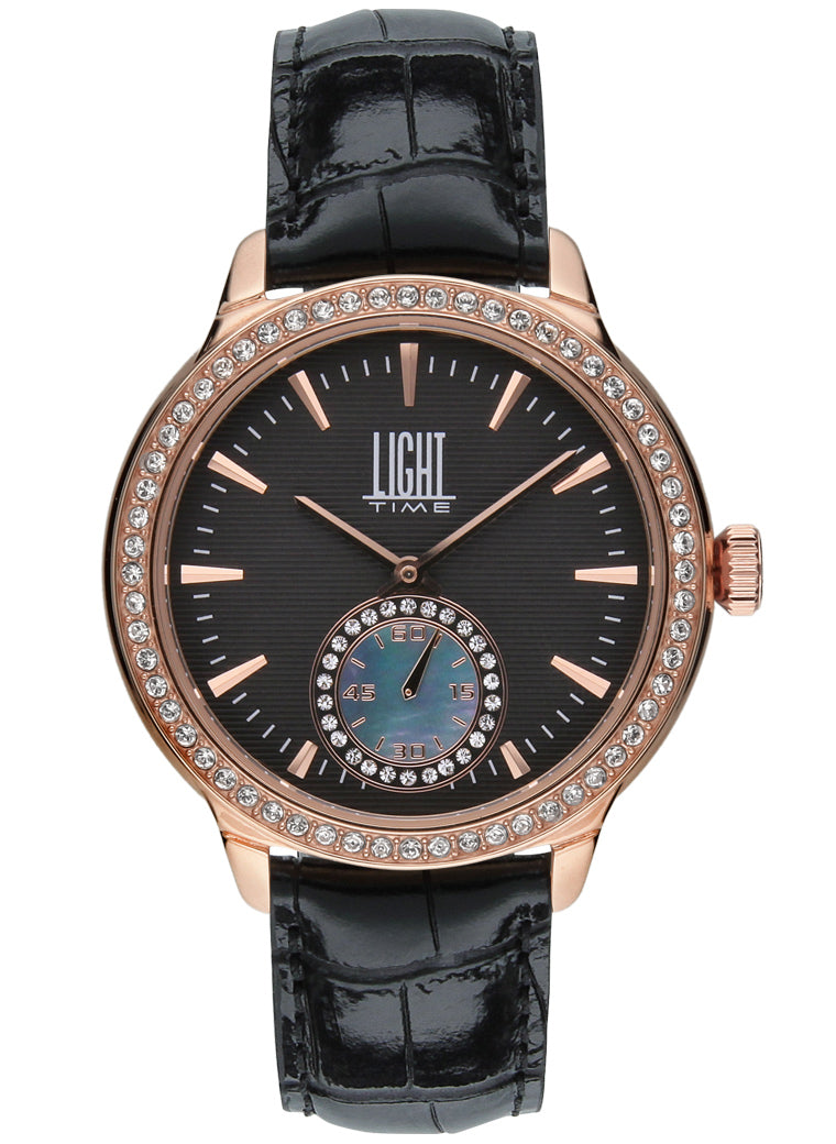 Orologio Light Time Saint Tropez L188D-RNE - Donna, quarzo, cassa acciaio rosè con strass, cinturino pelle nero, quadrante nero madreperla e strass, 38mm - Frontale