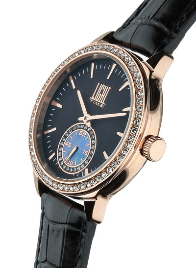 Orologio Light Time Saint Tropez L188D-RNE - Donna, quarzo, cassa acciaio rosè con strass, cinturino pelle nero, quadrante nero madreperla e strass, 38mm - Laterale