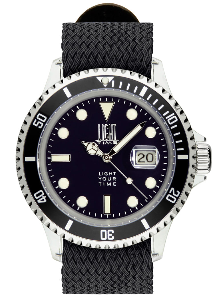 Orologio Light Time The First L217BN - Quarzo Miyota, cassa policarbonato, cinturino perlon, ghiera nera, datario, 44mm, 5ATM - Frontale