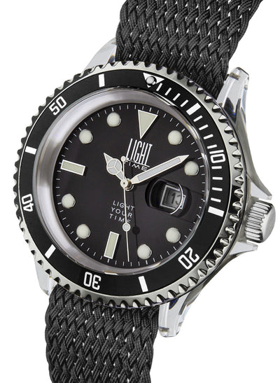 Orologio Light Time The First L217BN - Quarzo Miyota, cassa policarbonato, cinturino perlon, ghiera nera, datario, 44mm, 5ATM - Laterale