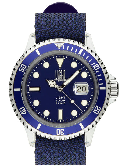 Orologio Light Time The First L217CN - Quarzo Miyota, cassa policarbonato, cinturino perlon, ghiera blu, datario, 44mm, 5ATM - Frontale