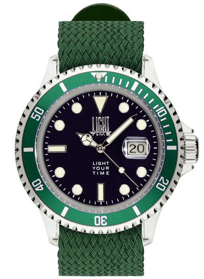 Orologio Light Time The First L217DN - Quarzo Miyota, cassa policarbonato, cinturino perlon, ghiera verde, datario, 44mm, 5ATM - Frontale