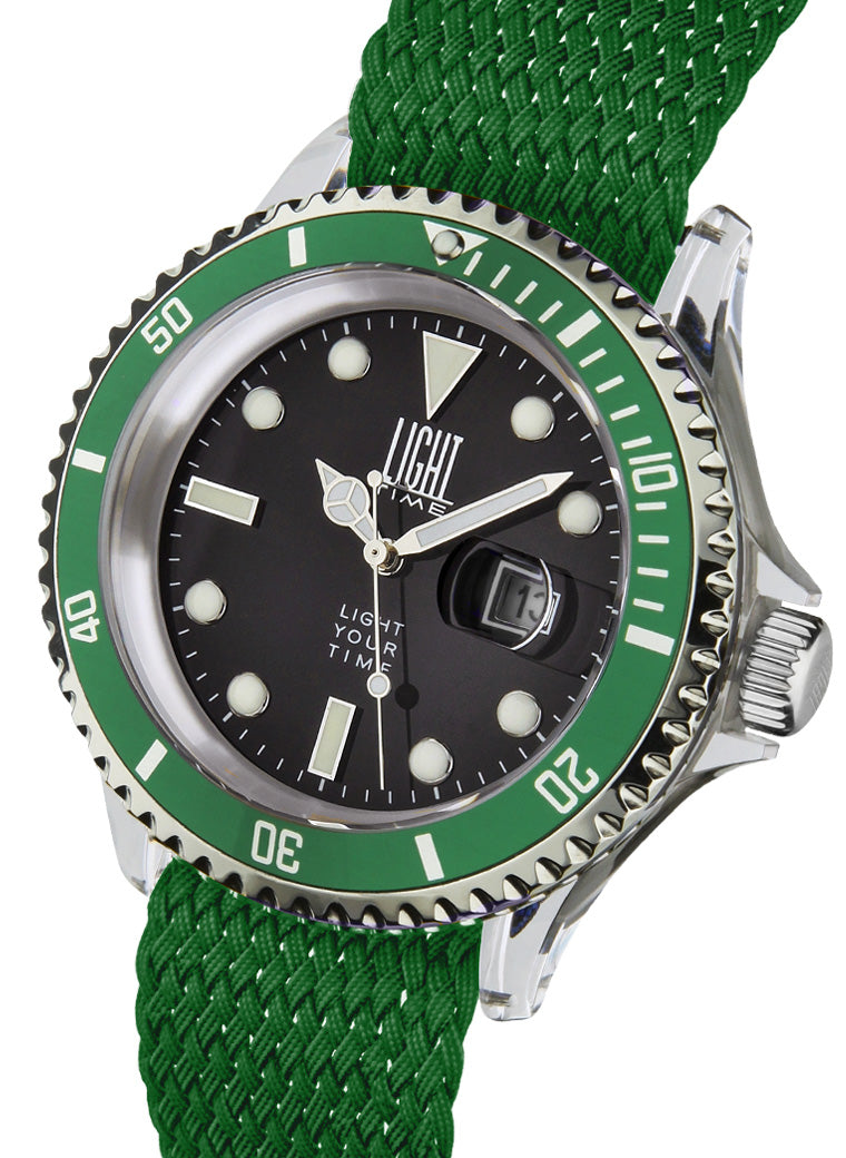Orologio Light Time The First L217DN - Quarzo Miyota, cassa policarbonato, cinturino perlon, ghiera verde, datario, 44mm, 5ATM - Laterale