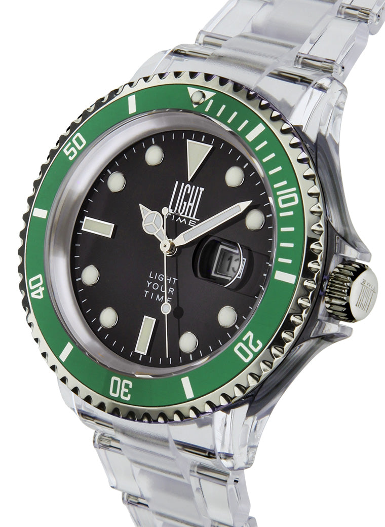 Orologio Light Time The First L217D - Quarzo Miyota, cassa e bracciale policarbonato, ghiera verde, datario, 44mm, 5ATM - Laterale