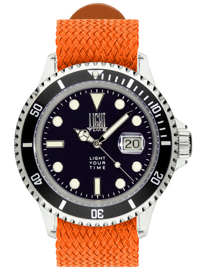 Orologio Light Time The First L217FN - Quarzo Miyota, cassa policarbonato, cinturino perlon, ghiera nera, datario, 44mm, 5ATM - Frontale