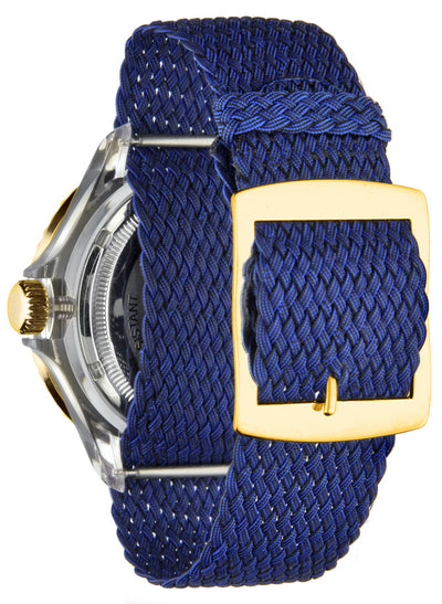 Orologio Light Time The First L217GCN - Quarzo Miyota, cassa policarbonato, cinturino perlon, ghiera oro/blu, datario, 44mm, 5ATM - Dettaglio