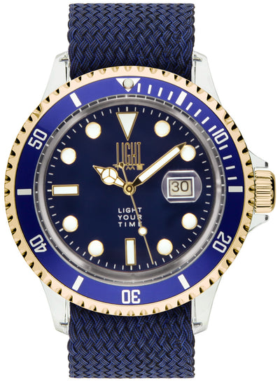 Orologio Light Time The First L217GCN - Quarzo Miyota, cassa policarbonato, cinturino perlon, ghiera oro/blu, datario, 44mm, 5ATM - Frontale
