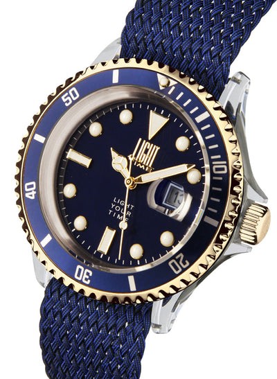 Orologio Light Time The First L217GCN - Quarzo Miyota, cassa policarbonato, cinturino perlon, ghiera oro/blu, datario, 44mm, 5ATM - Laterale