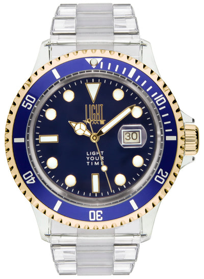 Orologio Light Time The First L217GC - Quarzo Miyota, cassa e bracciale policarbonato, ghiera oro/blu, datario, 44mm, 5ATM - Frontale