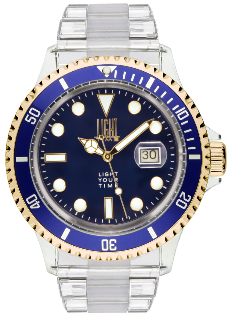 Orologio Light Time The First L217GC - Quarzo Miyota, cassa e bracciale policarbonato, ghiera oro/blu, datario, 44mm, 5ATM - Frontale