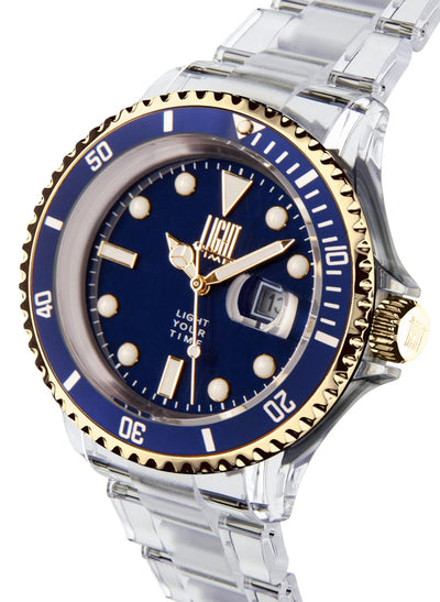 Orologio Light Time The First L217GC - Quarzo Miyota, cassa e bracciale policarbonato, ghiera oro/blu, datario, 44mm, 5ATM - Laterale
