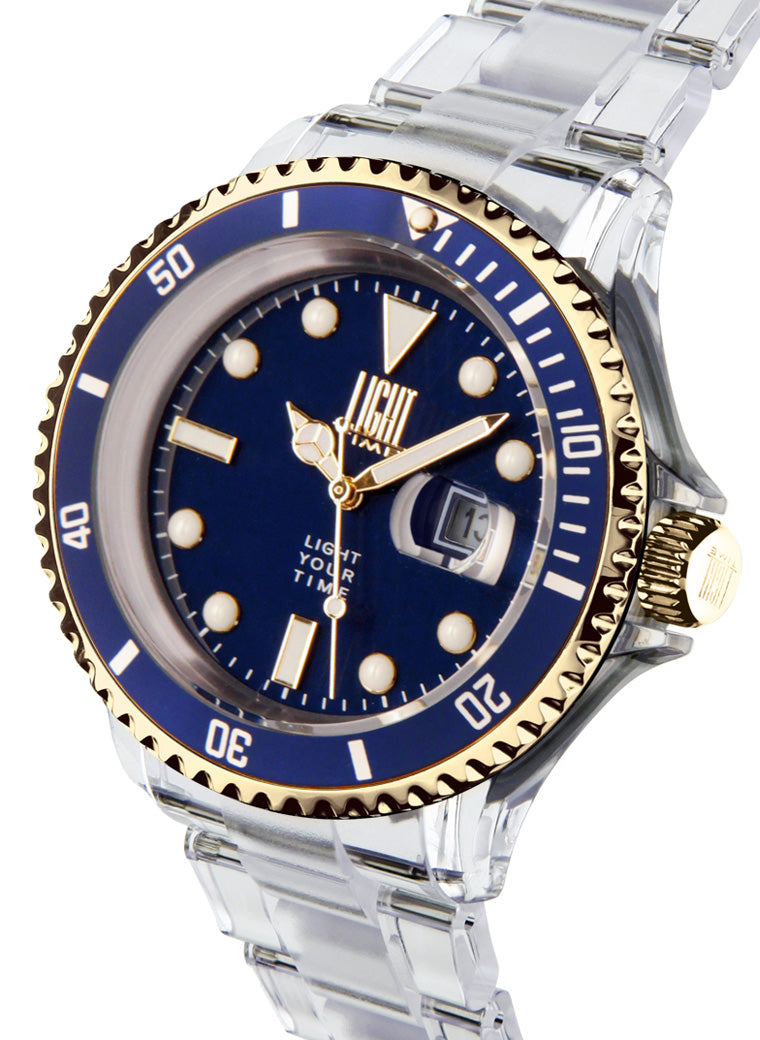 Orologio Light Time The First L217GC - Quarzo Miyota, cassa e bracciale policarbonato, ghiera oro/blu, datario, 44mm, 5ATM - Laterale