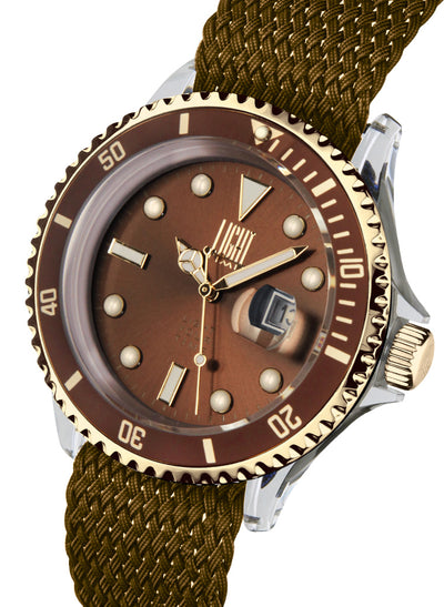 Orologio Light Time The First L217GEN - Quarzo Miyota, cassa policarbonato, cinturino perlon, ghiera oro/marrone, datario, 44mm, 5ATM - Laterale