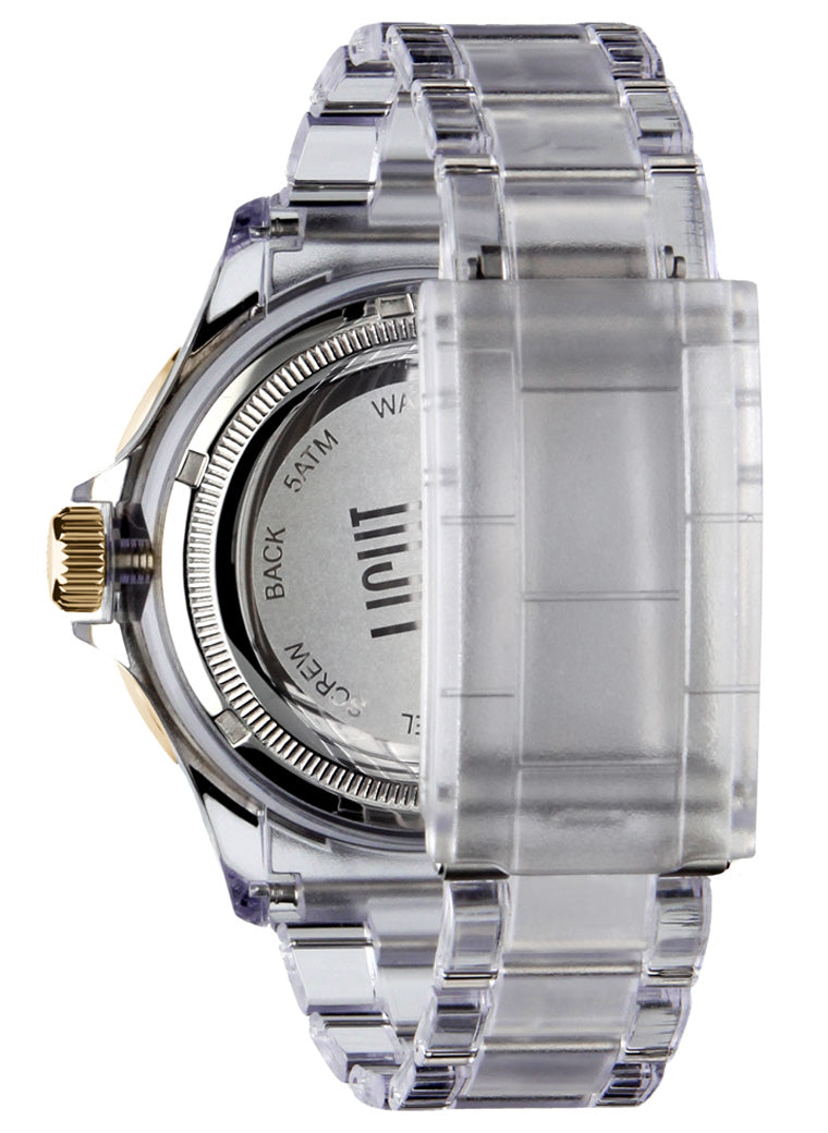 Orologio Light Time The First L217GE - Quarzo Miyota, cassa e bracciale policarbonato, ghiera oro/marrone, datario, 44mm, 5ATM - Dettaglio