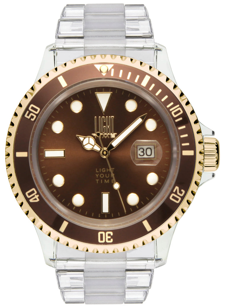 Orologio Light Time The First L217GE - Quarzo Miyota, cassa e bracciale policarbonato, ghiera oro/marrone, datario, 44mm, 5ATM - Frontale