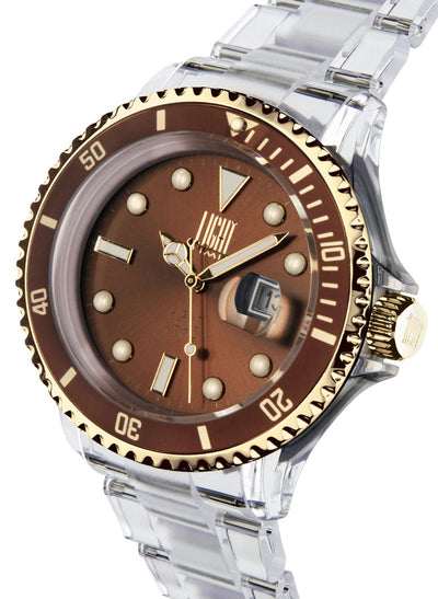 Orologio Light Time The First L217GE - Quarzo Miyota, cassa e bracciale policarbonato, ghiera oro/marrone, datario, 44mm, 5ATM - Laterale