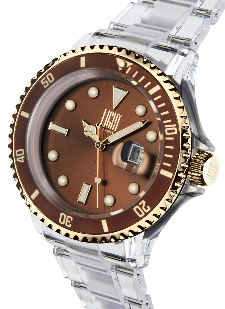 Orologio Light Time The First L217GE - Quarzo Miyota, cassa e bracciale policarbonato, ghiera oro/marrone, datario, 44mm, 5ATM - Laterale